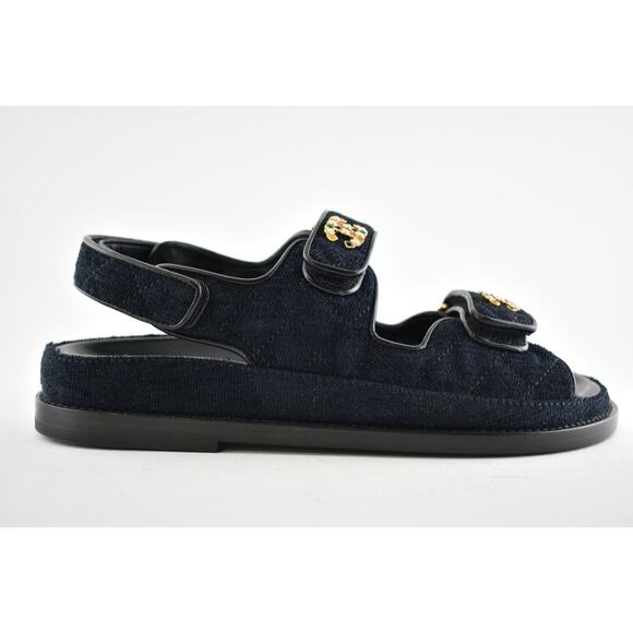 Chanel 21A Blue Velvet Denim CC Logo Mule Slide Strap Flat Teva Dad Sandal 38 - Picture 2 of 12